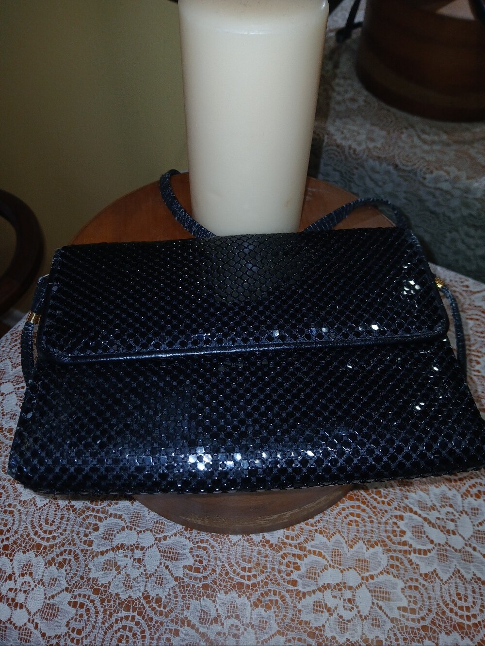 Vintage Black Metal Mesh Crossbody Flap Bag